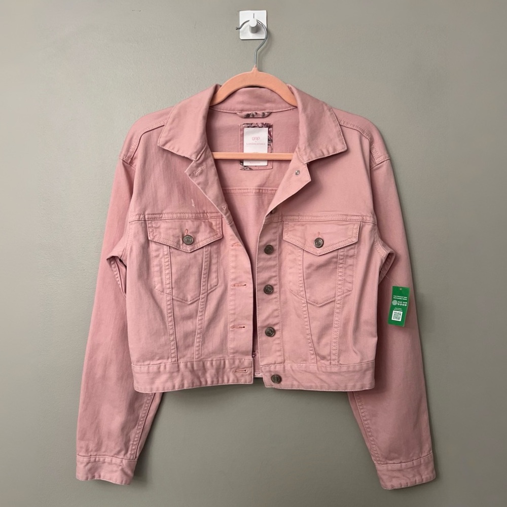 NWT✨GAP x LOVESHACKFANCY Pink Cropped Denim Jacket OVERSIZED Size XXS